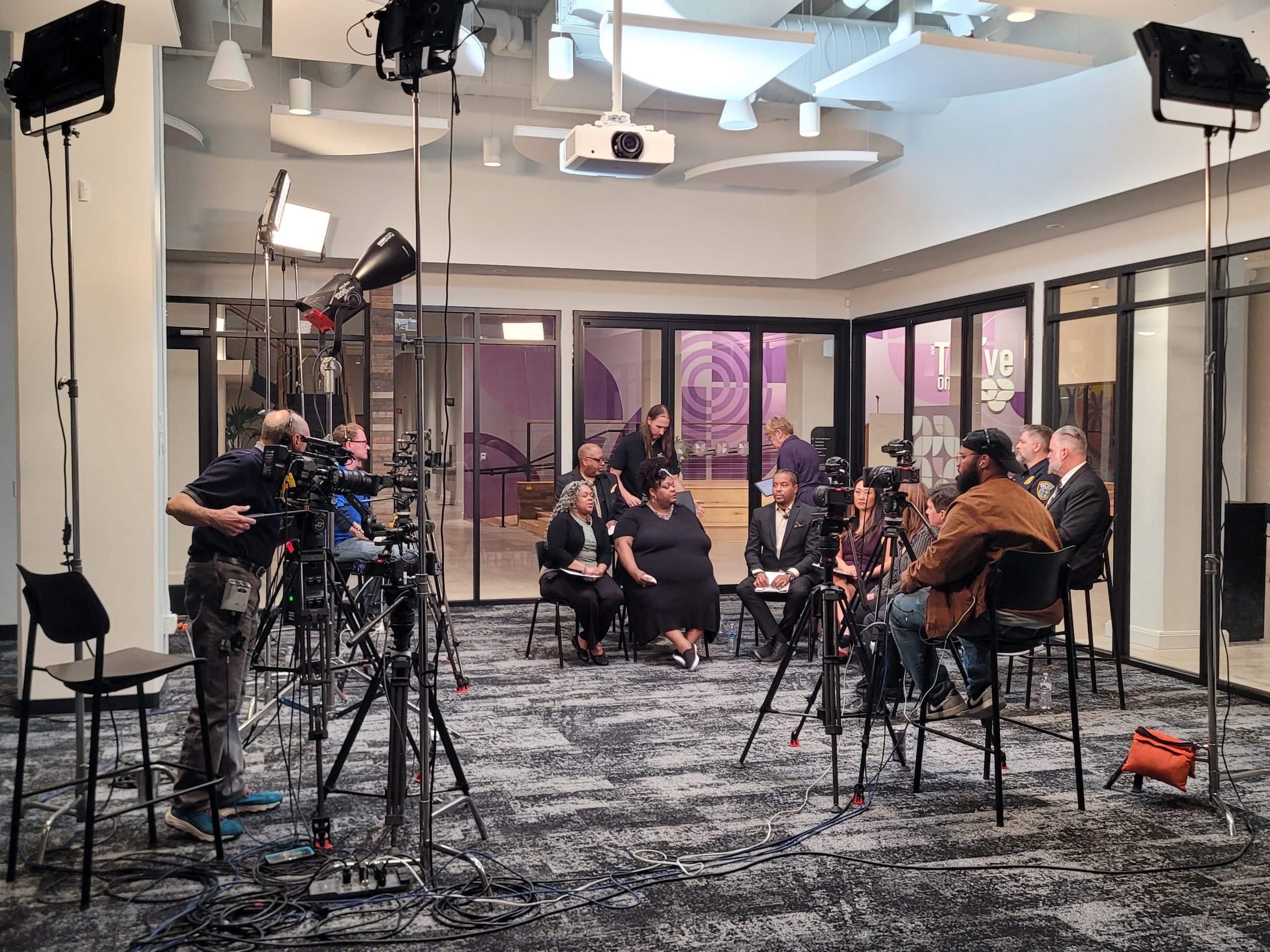 The photo shows TMJ4 News behind-the-scenes during the taping of the Community Talkback on April 28, 2025, at ThriveOn King.